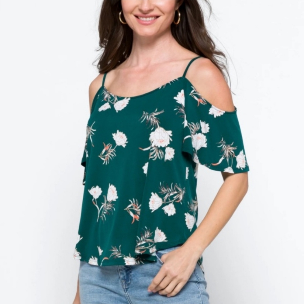 Floral Green Cold Shoulder Top